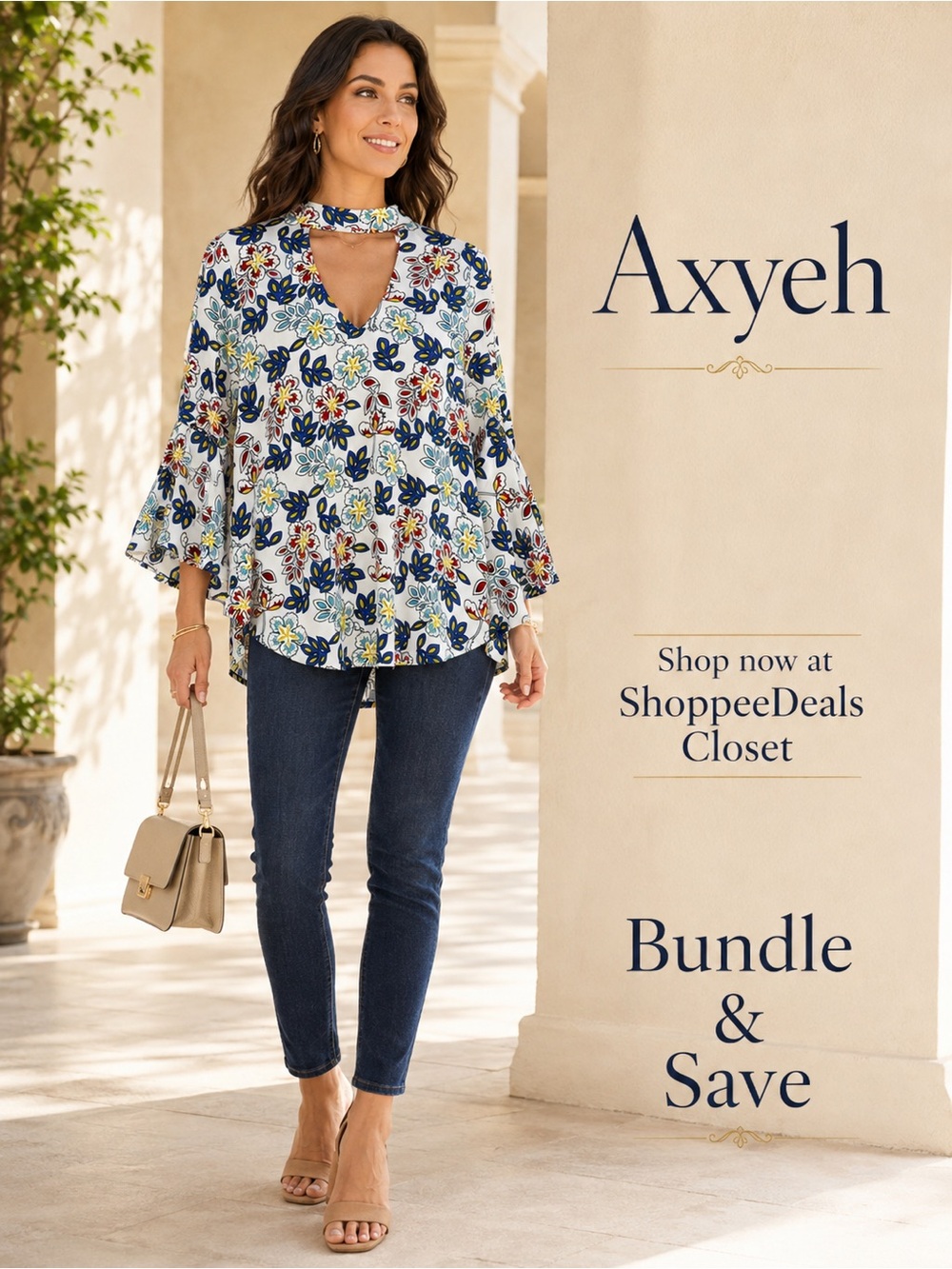 Axyeh Floral Choker Cutout V-Neck Bell Sleeve Blouse – Size Small